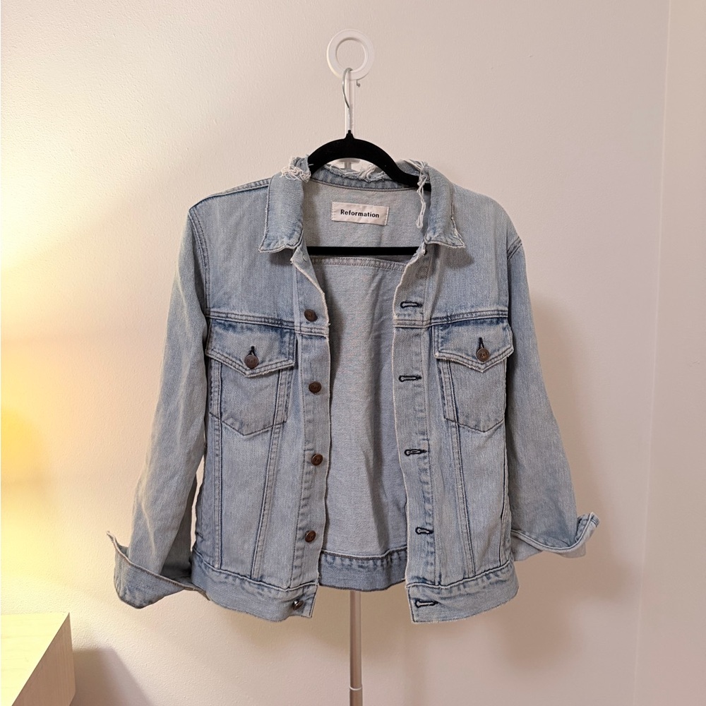 Reformation Light Blue Distressed Denim Jacket